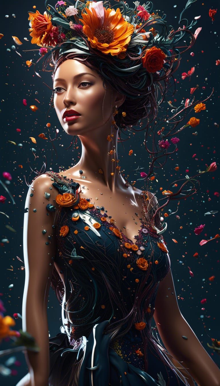 elegant woman in evening gown with flowers in hair, Jackson Pollock, Abstract expressionist, Splashing liquid, Drip tech...