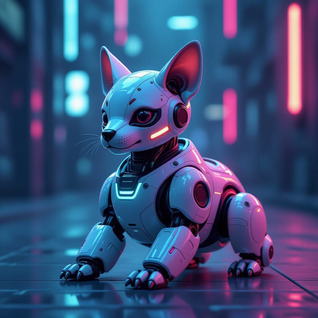 Robotic Pets in Neon-lit Cyberpunk Cityscape