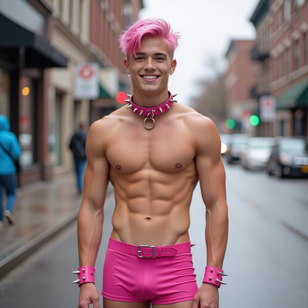 Pink-Haired Youth on Rainy City Street