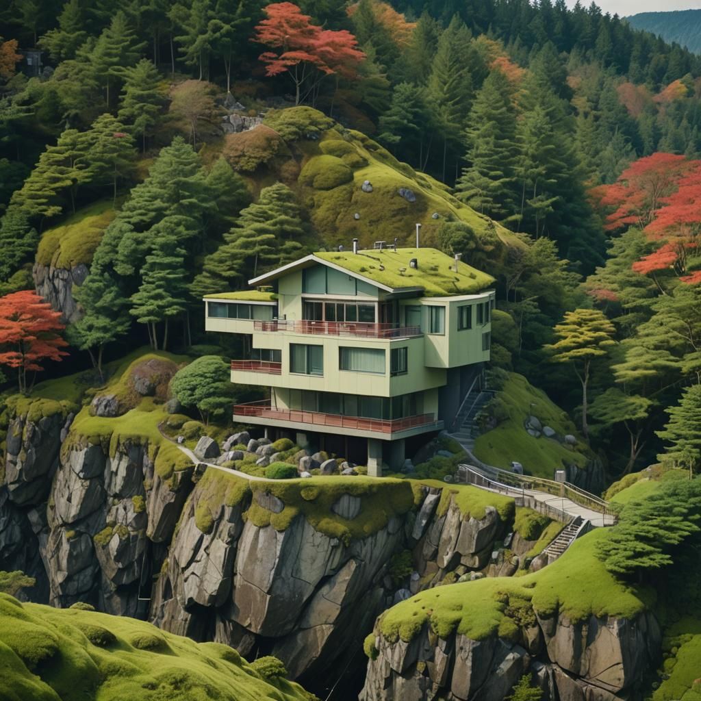 Modern House on Mossy Hill in Murakami Style