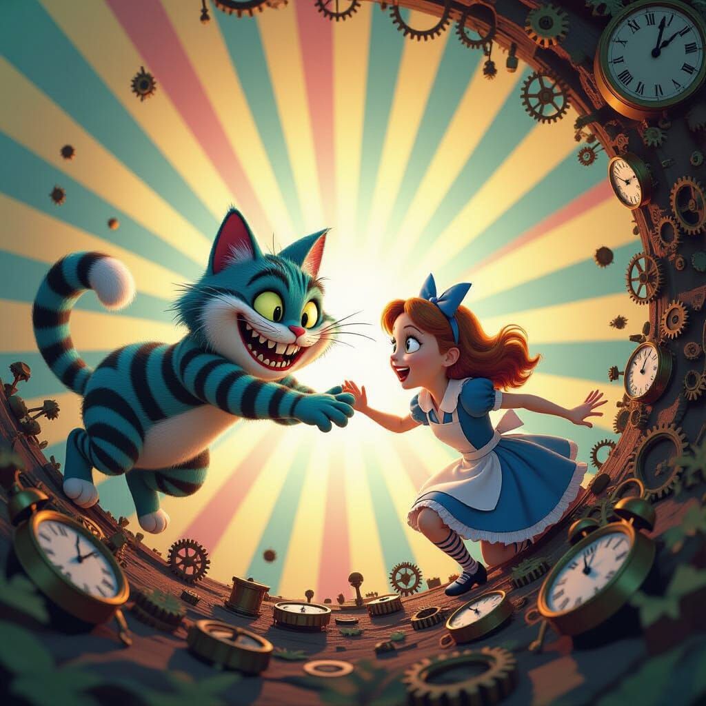 Cheshire Cat Pushes Alice Down Clock-Filled Rabbit Hole