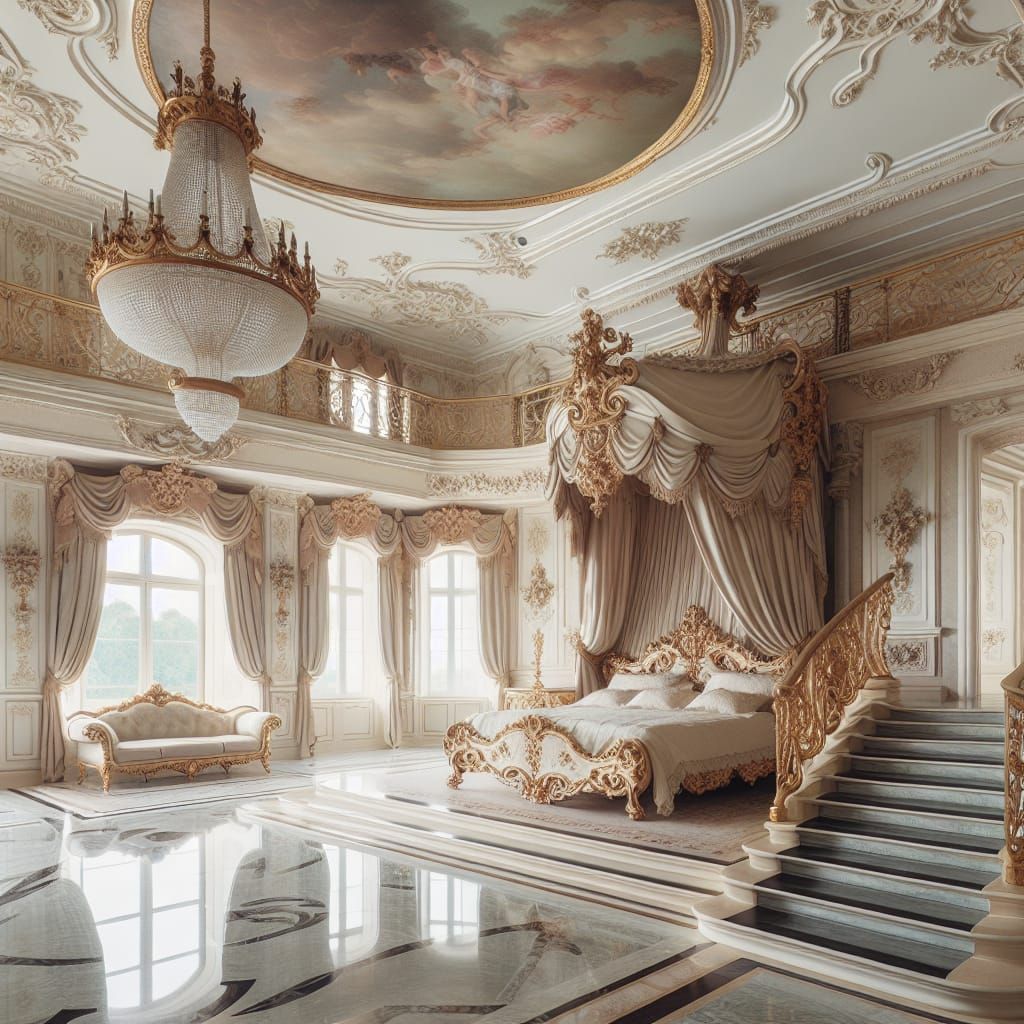 Luxurious Rococo Room with Canopy Bed and Marble Floors