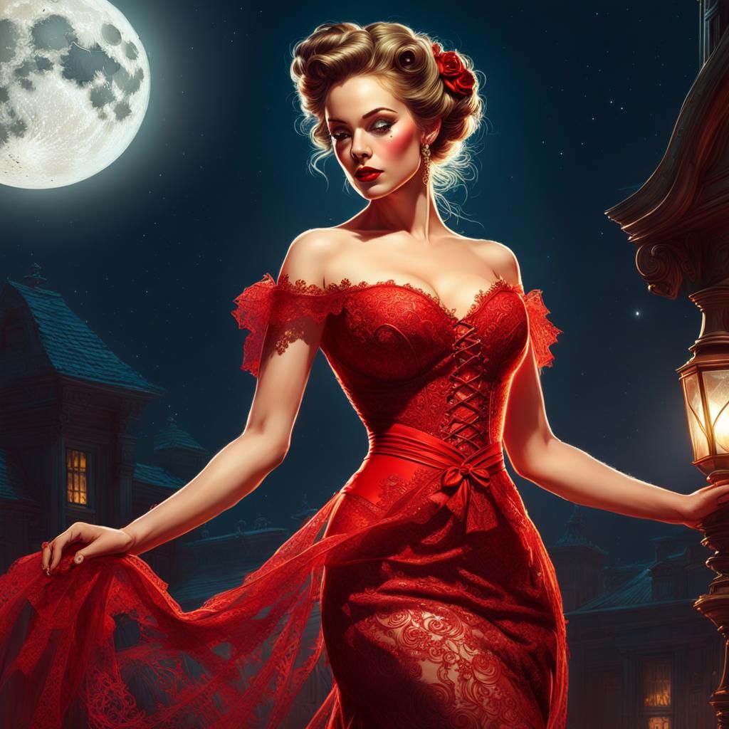 Bride in Red Lace Dress, Digital Art