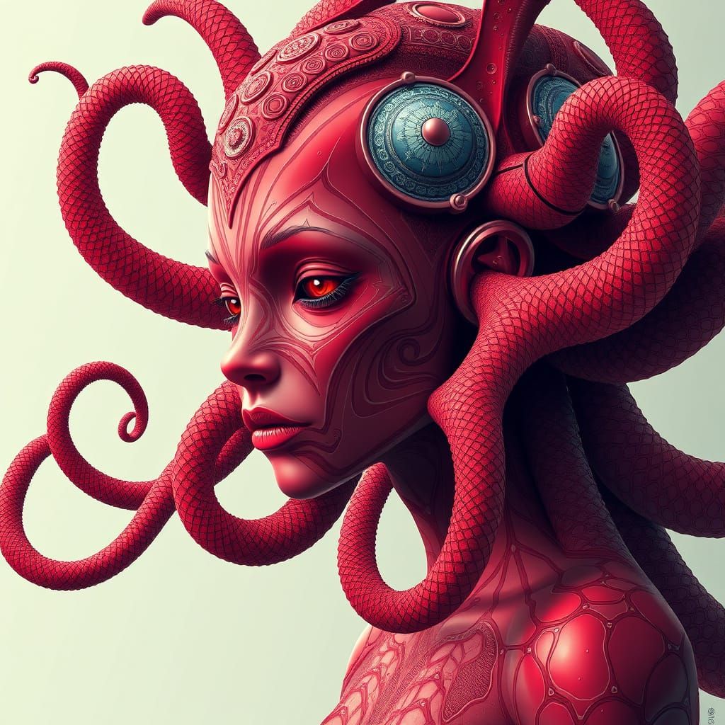 Futuristic Octo-Mermaid with Tentacles in Crimson Hues