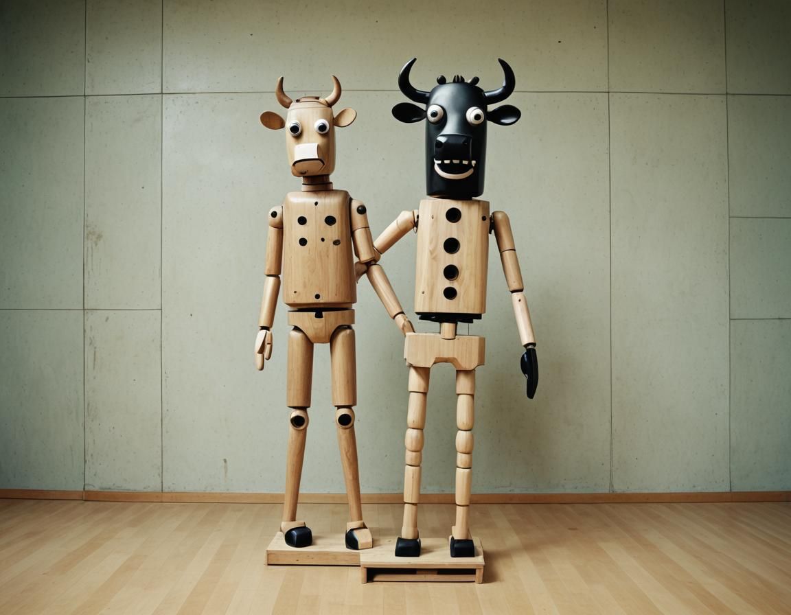 Frowning Cow-Mannequin Hybrid Doing Jumping Jacks