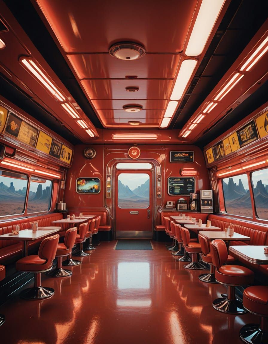 Retro-Futuristic Mars Cafe Diner in Triadic Colors