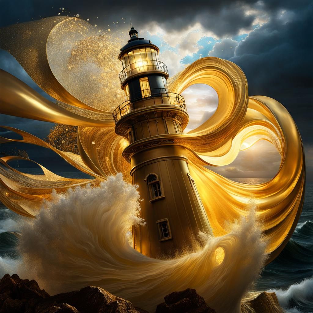 Stormy Lighthouse in Gustav Klimt Style