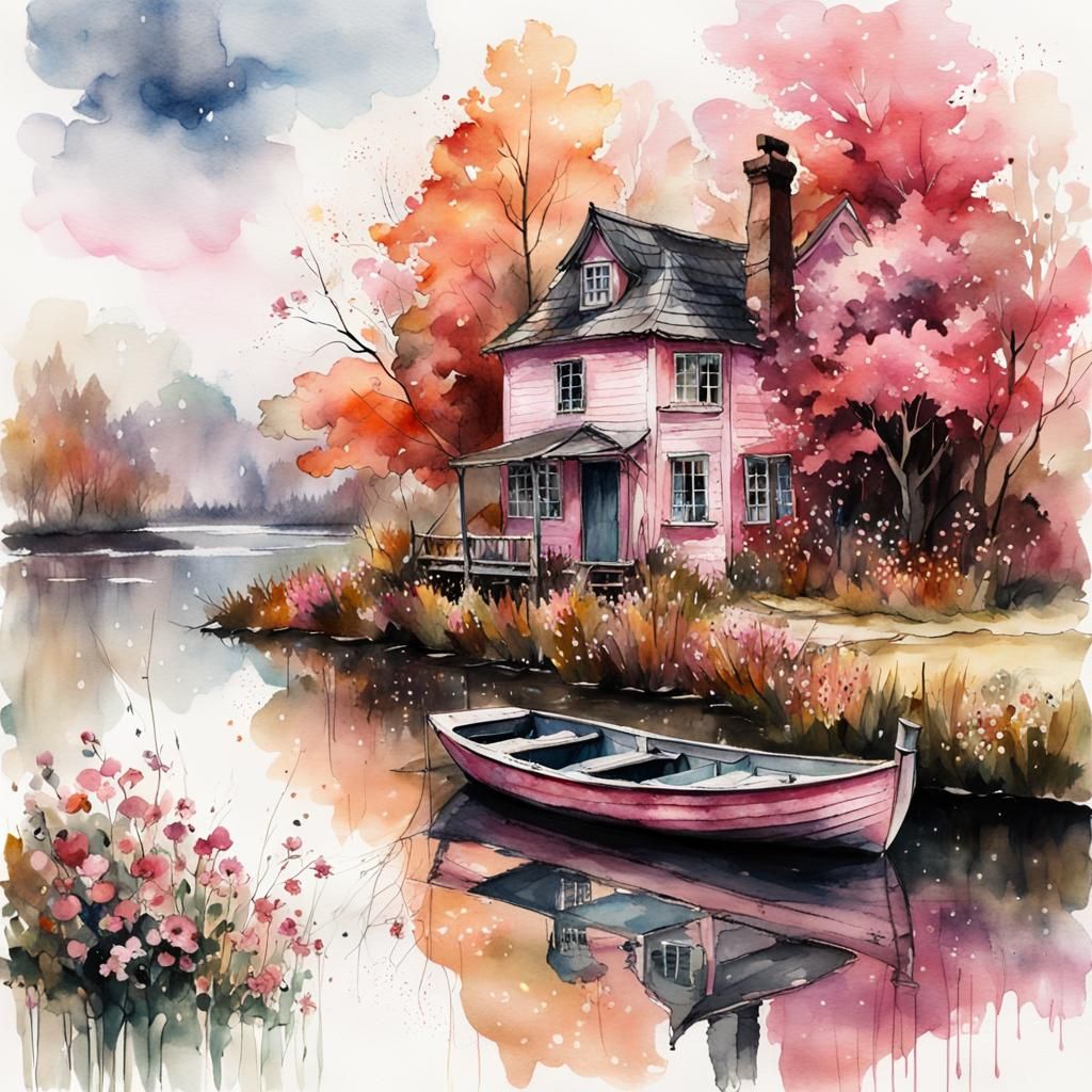 Pink Cottage in Autumnal Watercolor Landscape