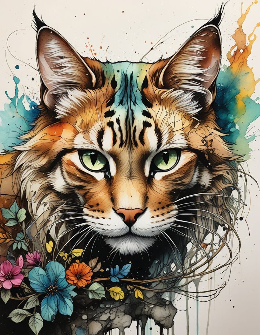 Cat Curled on Rock: Ink Sketch Drawing