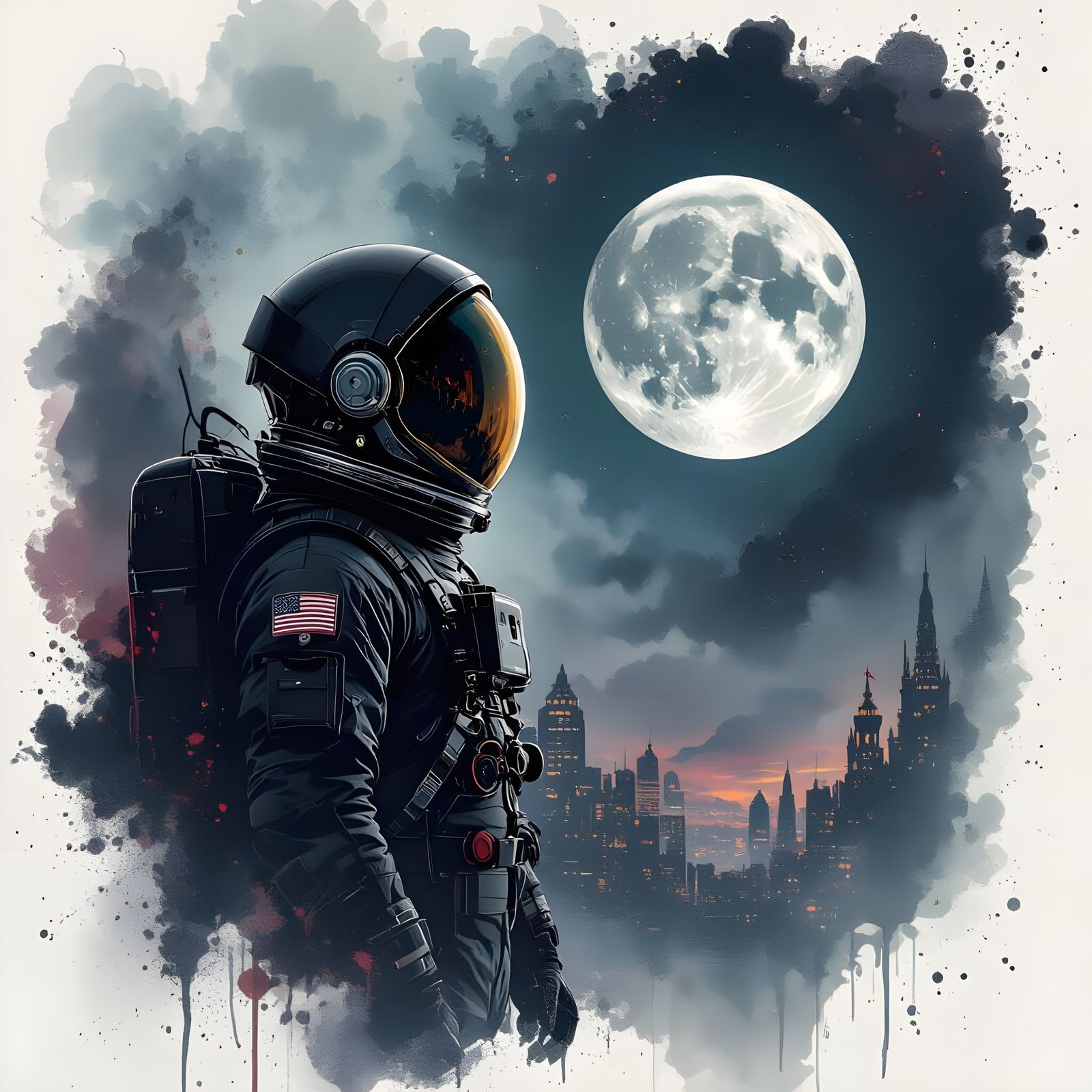 Astronaut Gazes at Moon in Moody Ink Splash Art