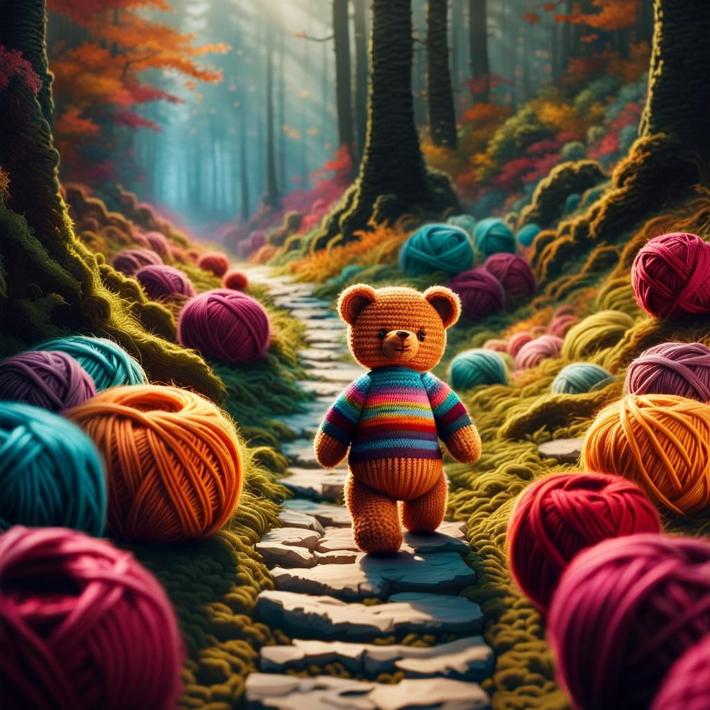 Crocheted Teddy Bear Hikes a Yarn Trail