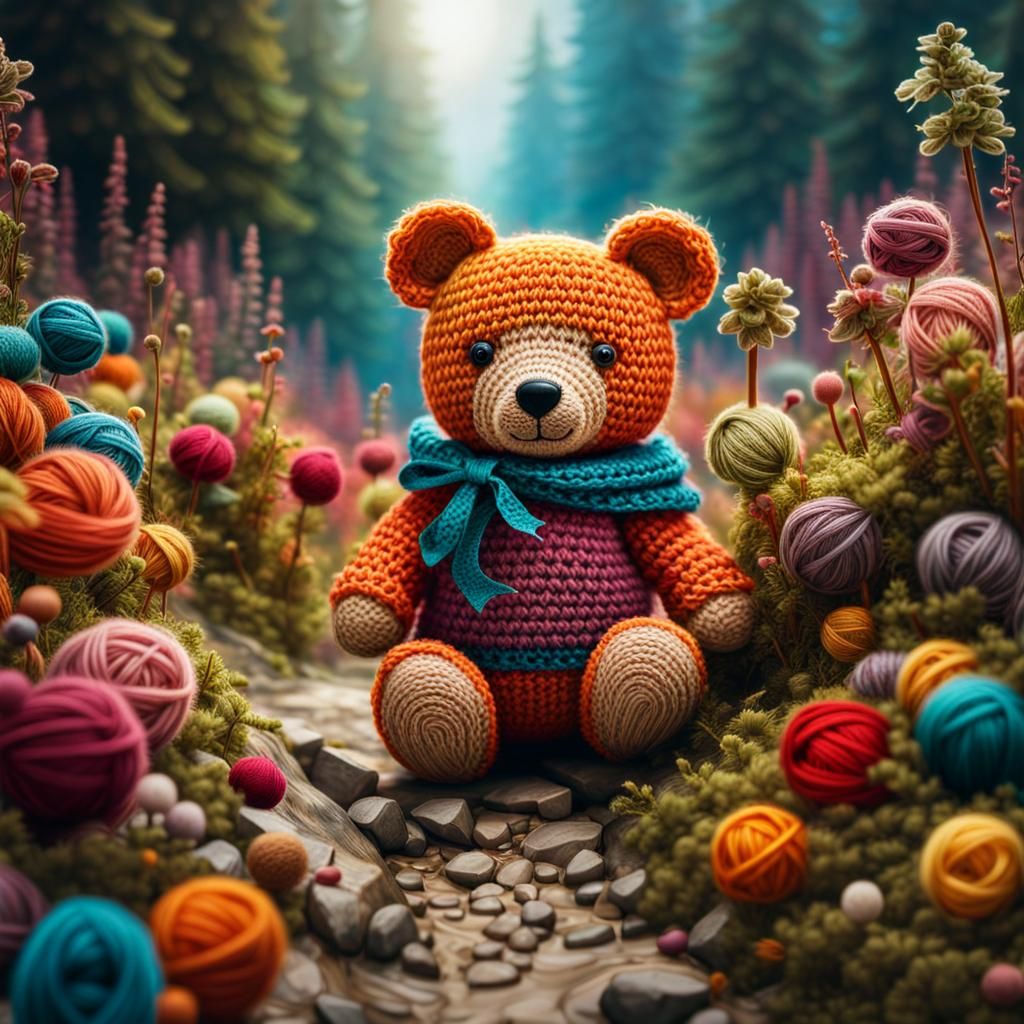 Crocheted Teddy Bear on Forest Trail