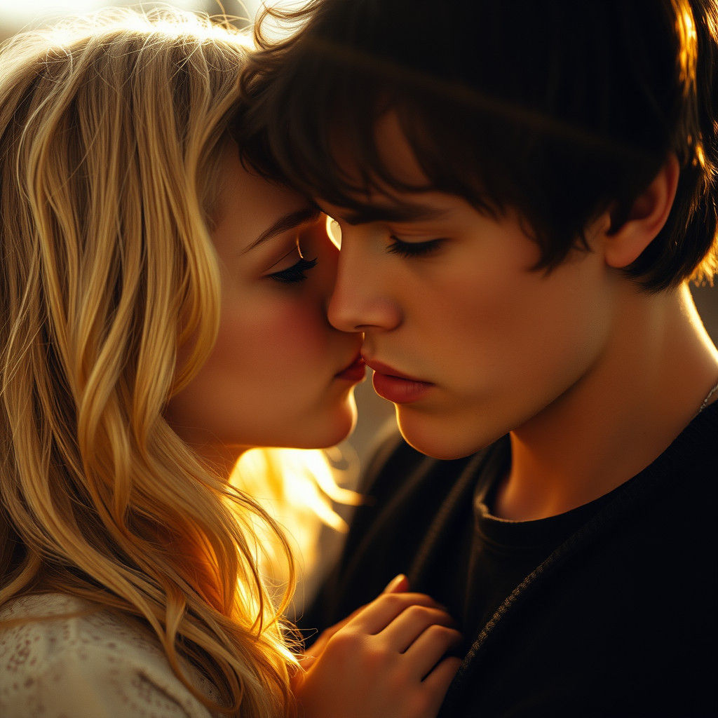 Romantic Kiss in Golden Light: A Cinematic Moment