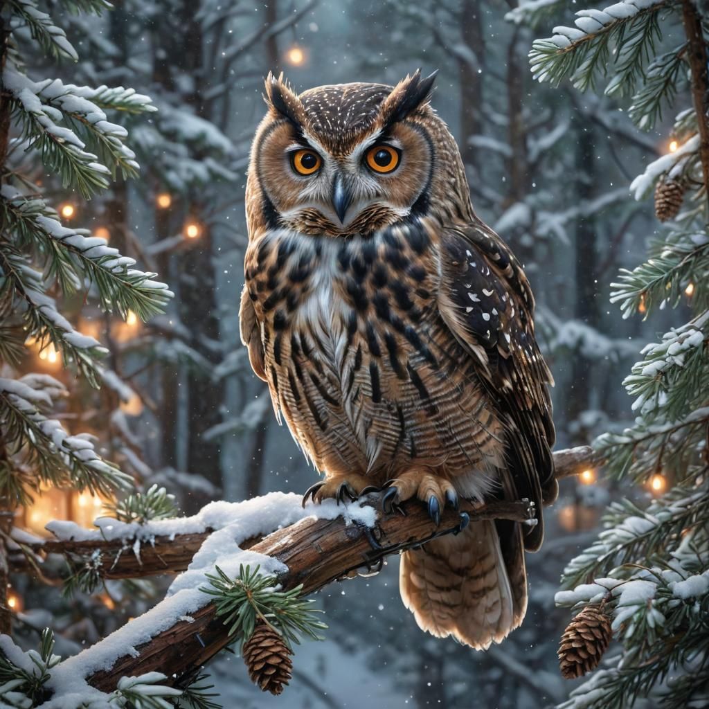 Airbrush Owl on Snowy Branches in Winter Wonderland
