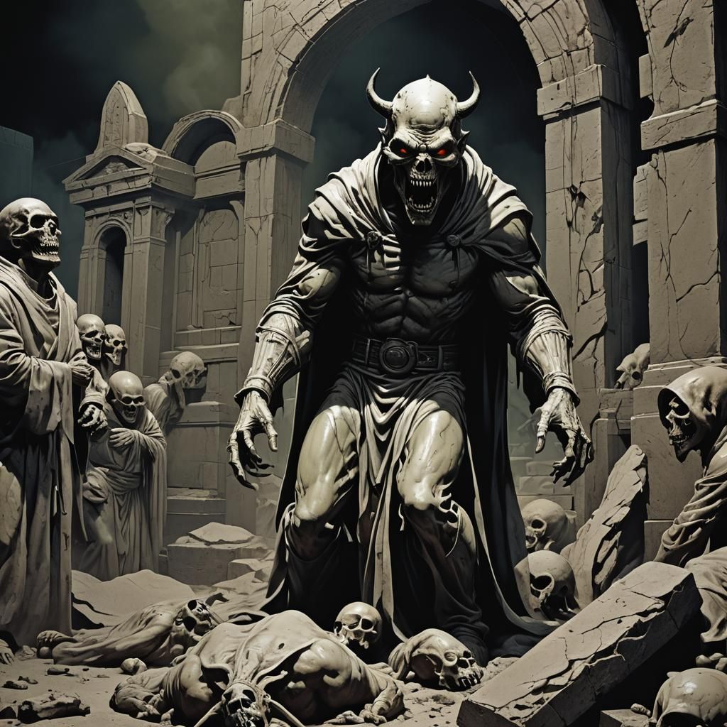 Eyeless screams toxic spewed death+open tomb a devil welcomes.
Art style by Frank Miller, Jim Burns; ashcan school,mix...