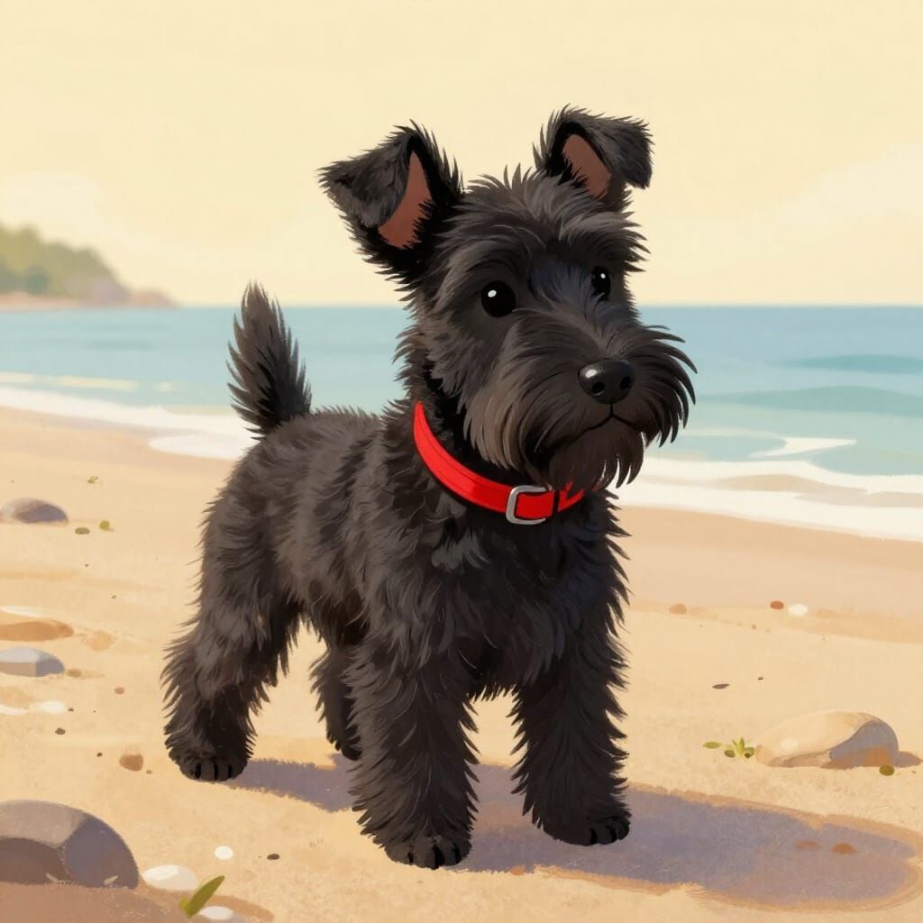 Cute Fluffy Black Terrier Dog on Beach in Storybook Style