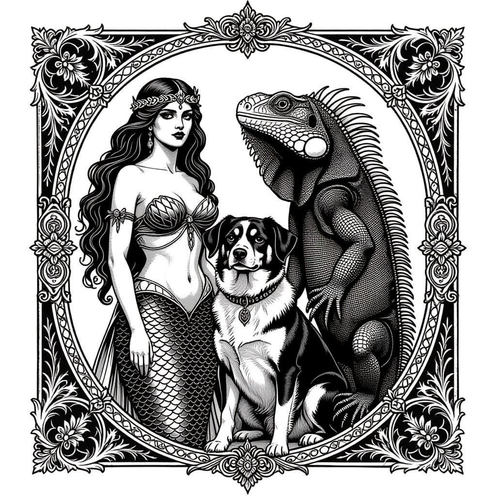 Majestic Mermaid and Friends in Regal Black and White Illust...