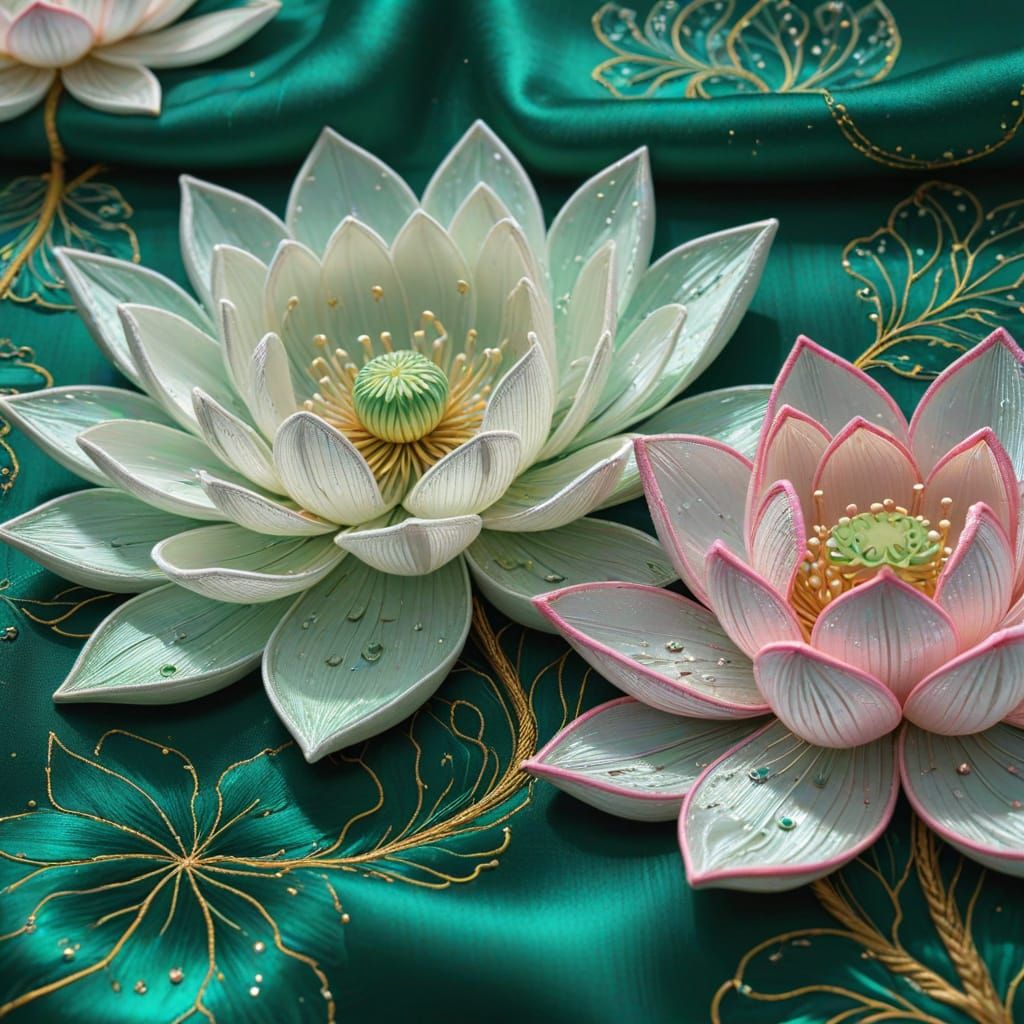 Luxurious Silk Fabric Art with Emerald Green Accents