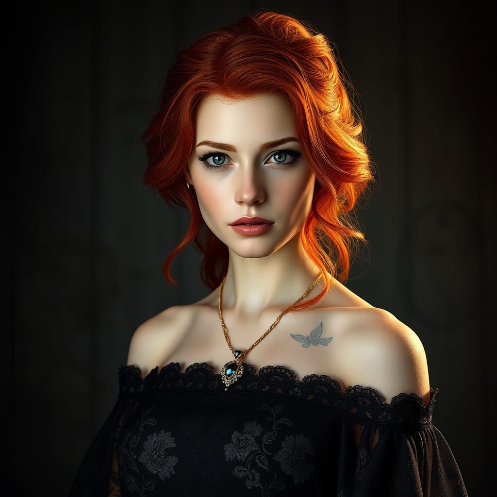 Hyper-Realistic Redheaded Woman in Elegant Attire