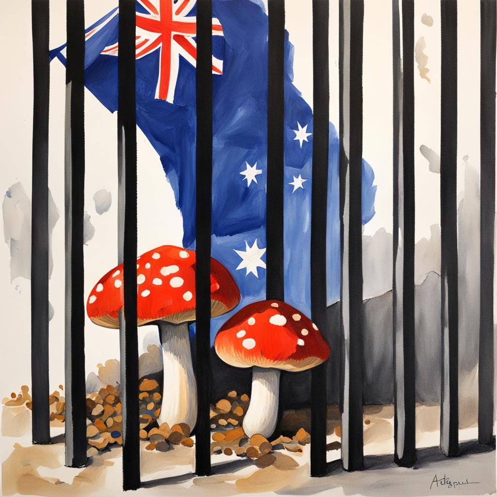 Mushroom in Jail Cell with Australian Flag, Gouache