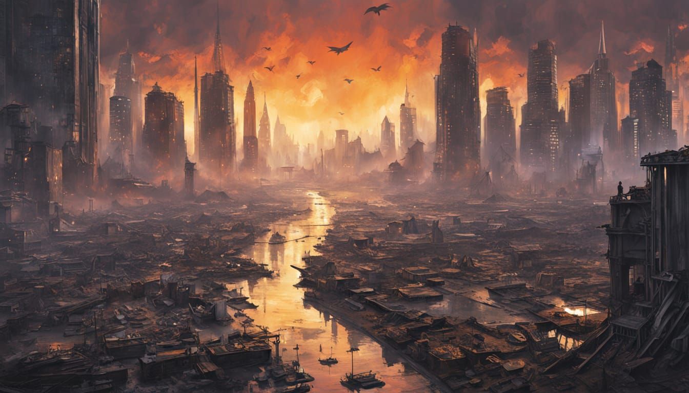 Cyberpunk Oil Slick Fairy in Polluted Cityscape