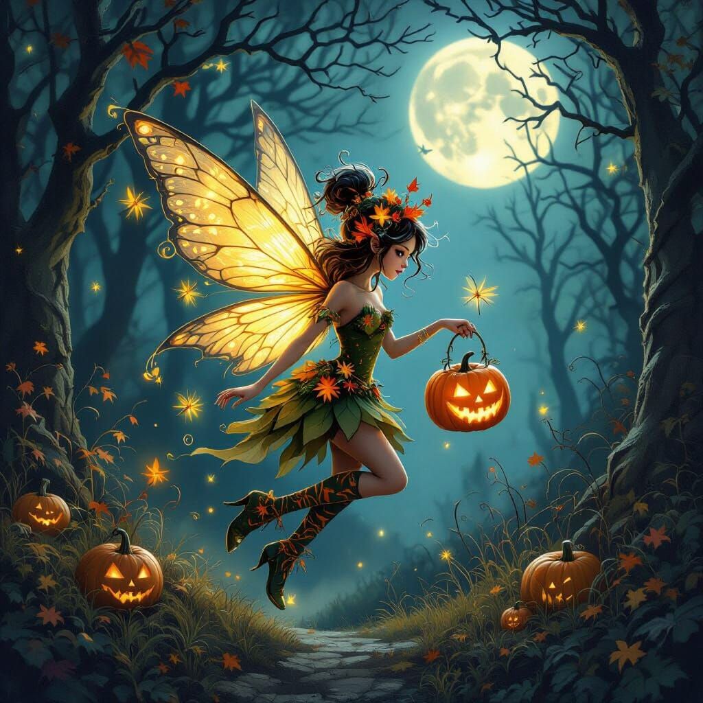Whimsical Halloween Fairy in Enchanted Forest
