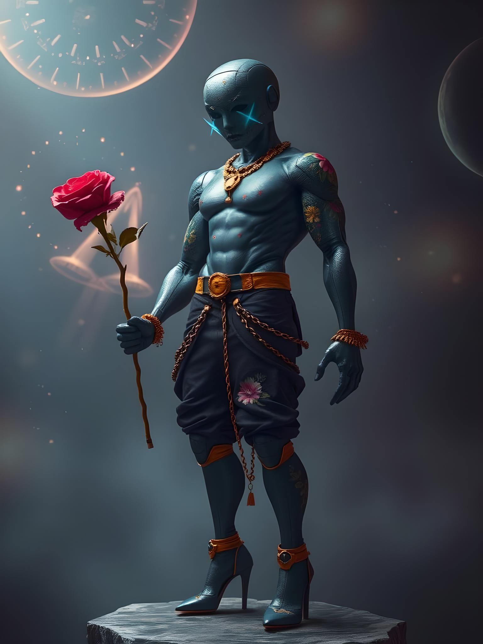 Android with Floral Tattoos and Metal Rose