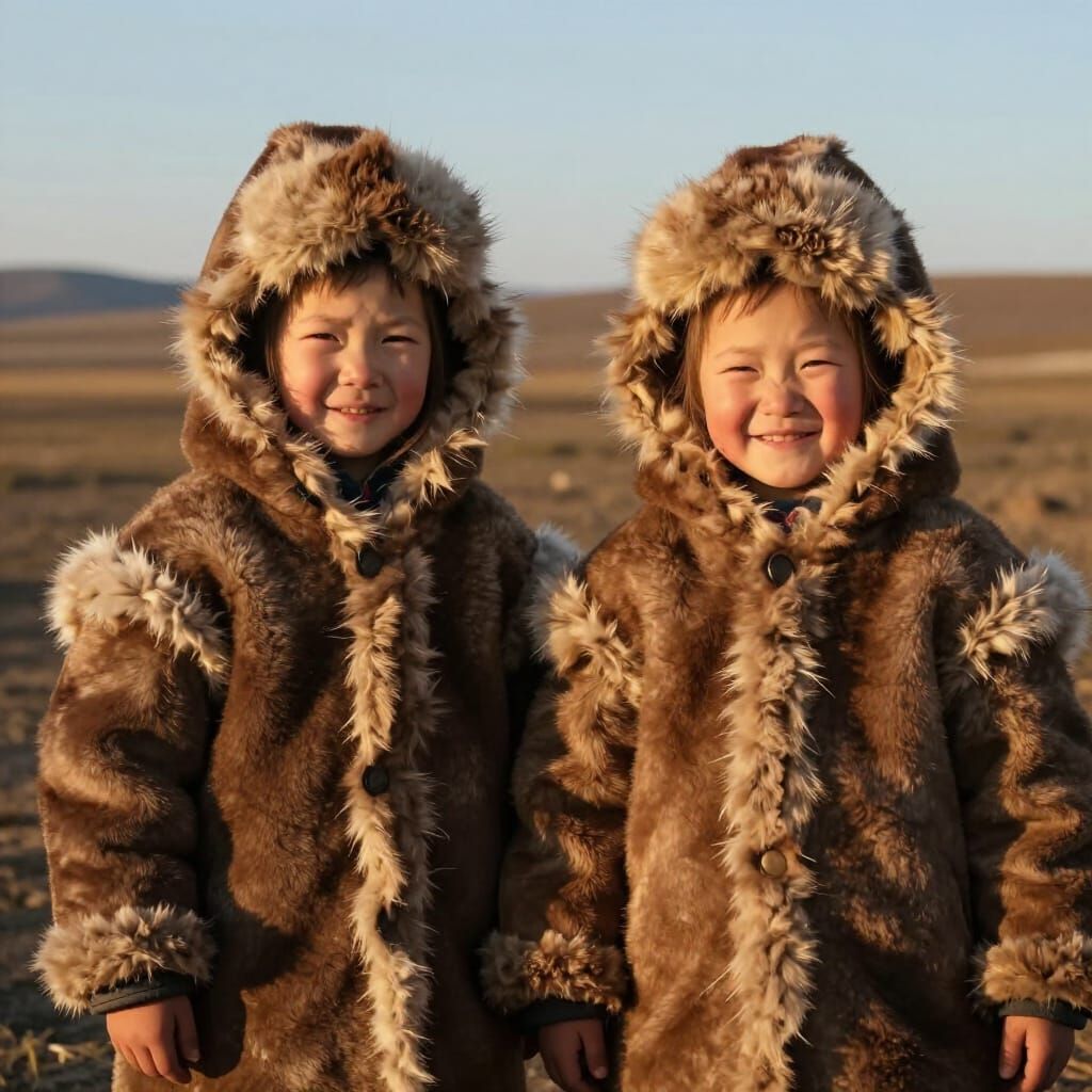 Children in Fur Coats in Golden Hour Light of Yakutia