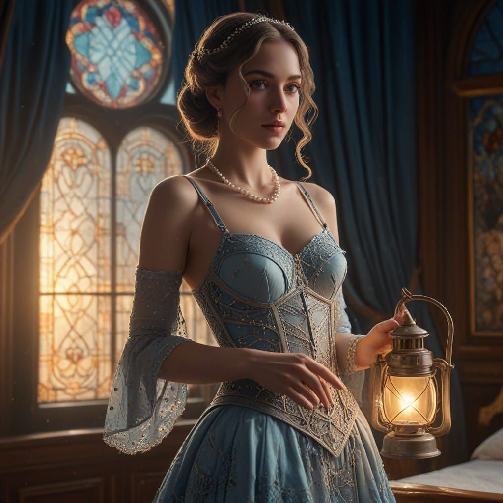 Victorian Noblewoman with Pearl Ornaments and Glowing Lanter...