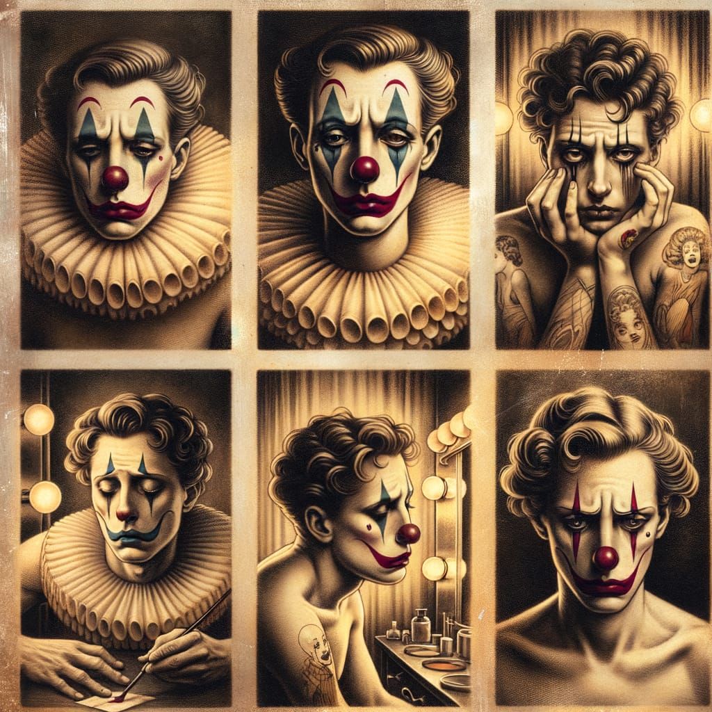 Melancholic Clowns Flash Tattoo Sheet in Art Nouveau Style