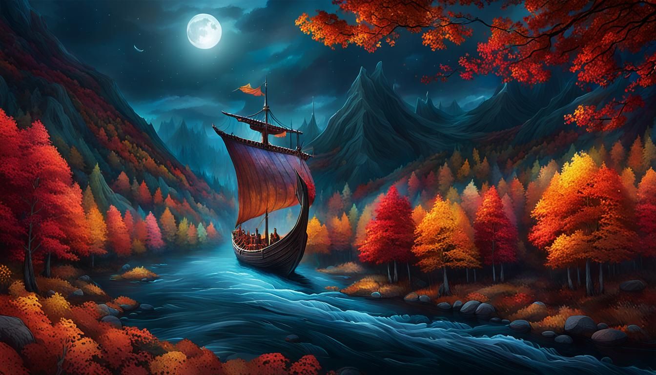 Viking Longship in Mystic Autumn Forest