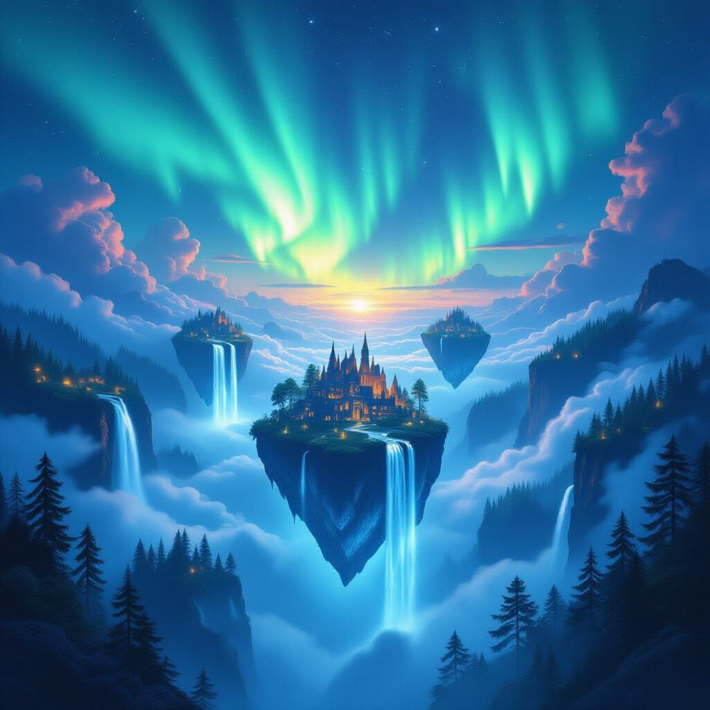Floating Islands with Mystical Aurora Borealis