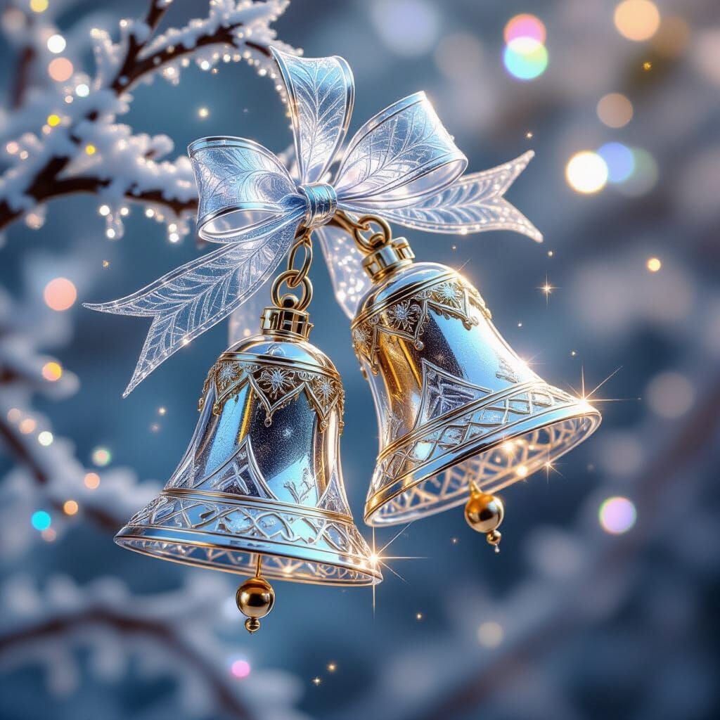 Transparent Ice Bells with Rainbow Sparks in 3D Style