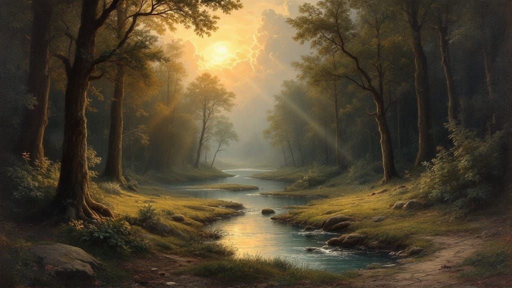 Ancient Forest Scene in Renaissance Oil Painting Style