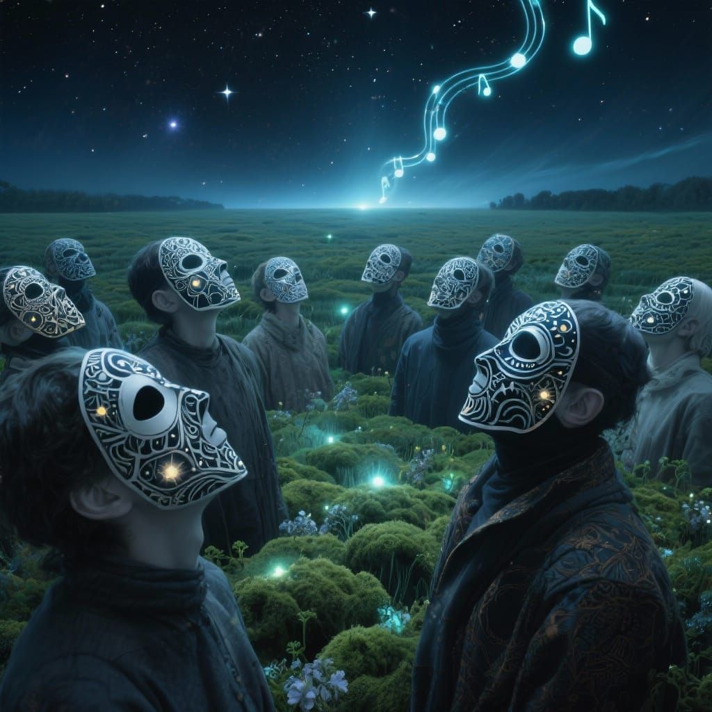 Celestial Masked Gathering Under a Singing Night Sky