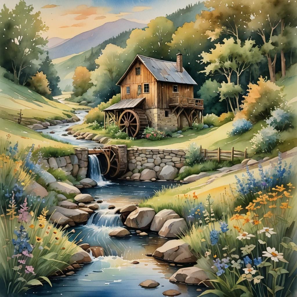 Watercolor Watermill in Serene Valley Landscape
