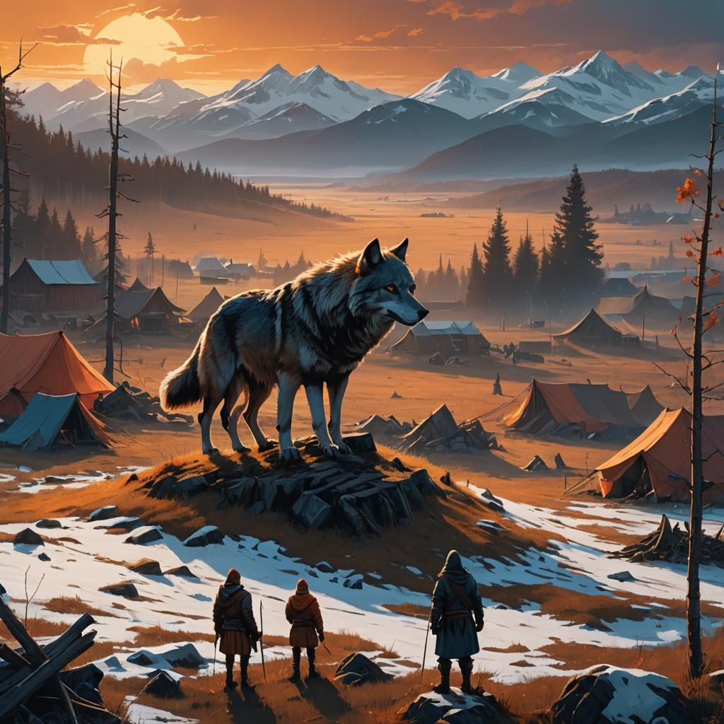 Gigantic Wolf and Warrior in Nordic Landscape