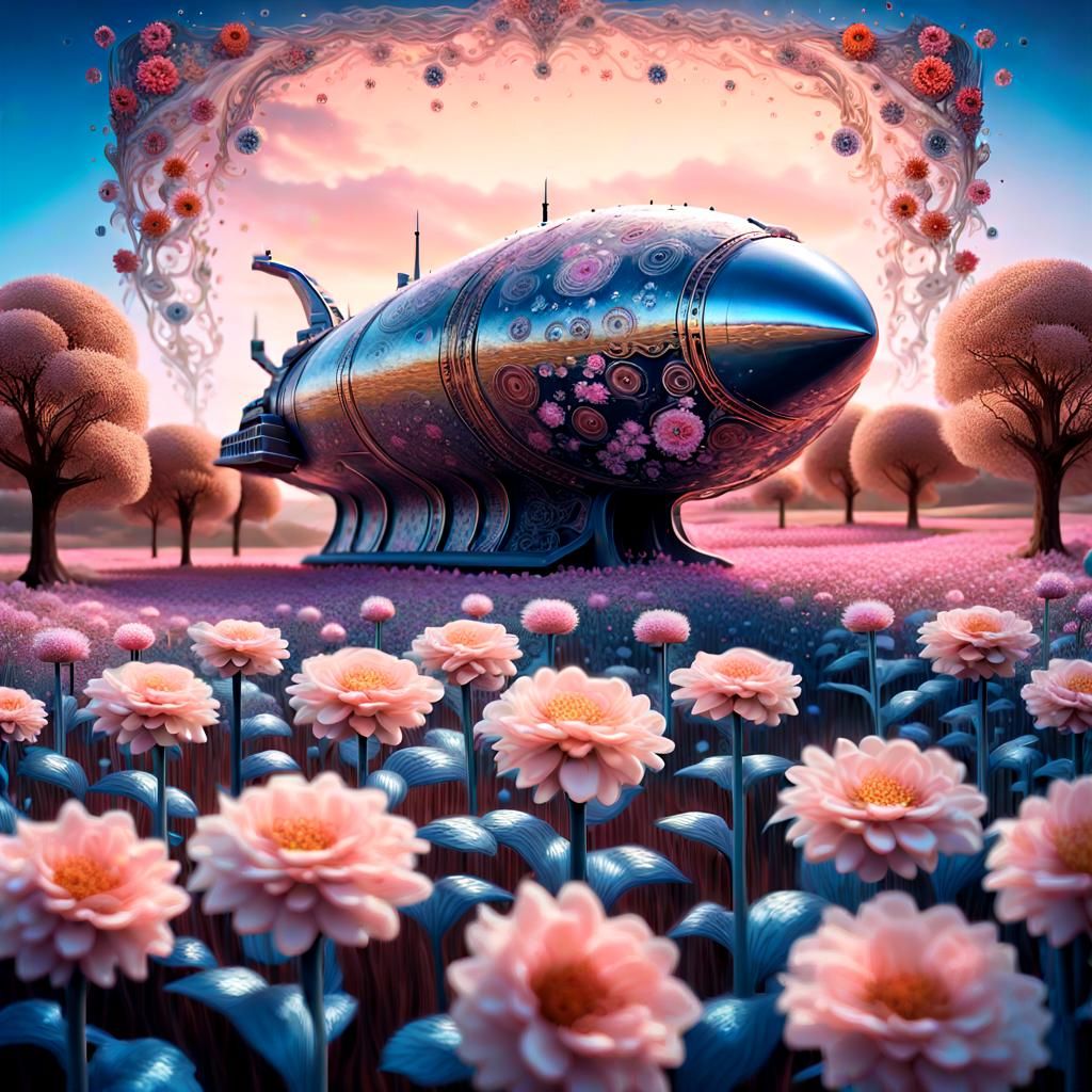 Spaceship in Flower Field as Surreal Oil Painting