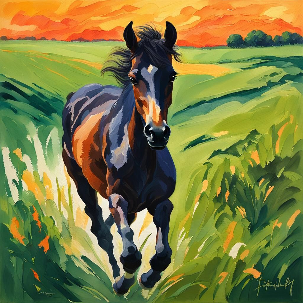 Morgan Foal Hopping, Impressionist Gouache Painting