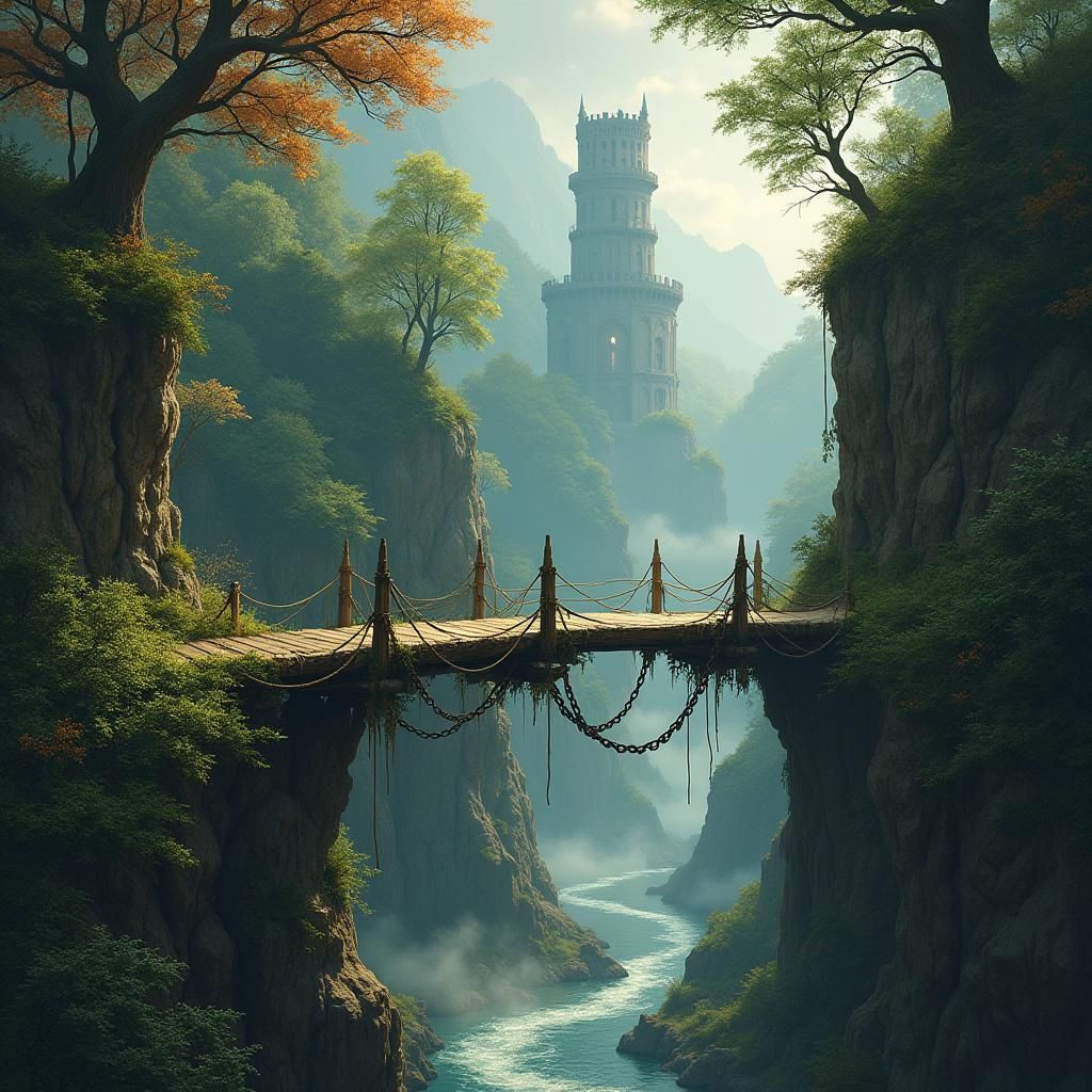Mystical Forest Bridge with Tower in Dark Fantasy Style