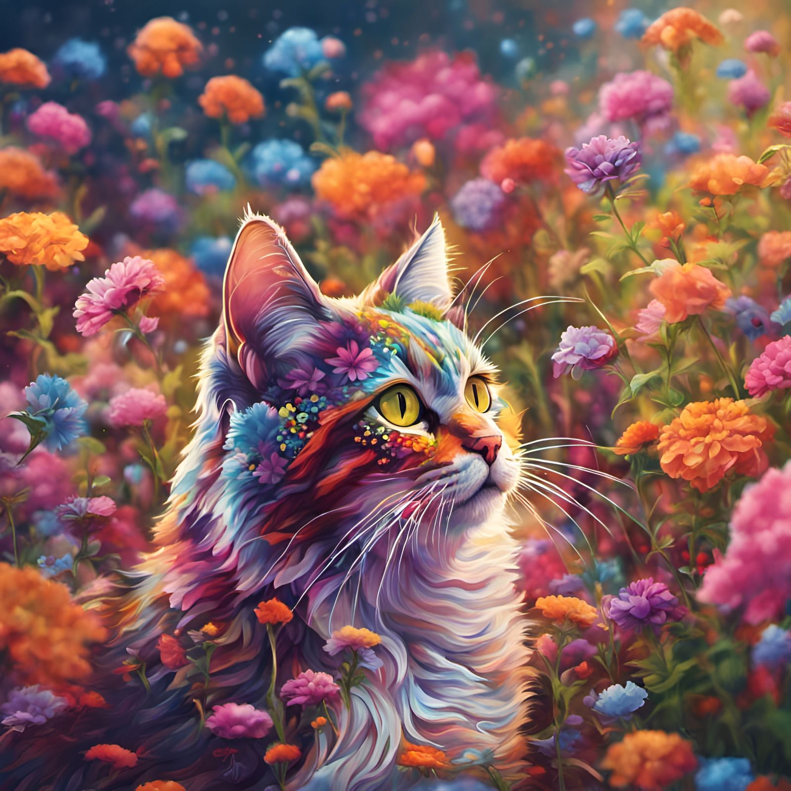 Psychedelic Floral Cat in Hyperrealistic Splash Art