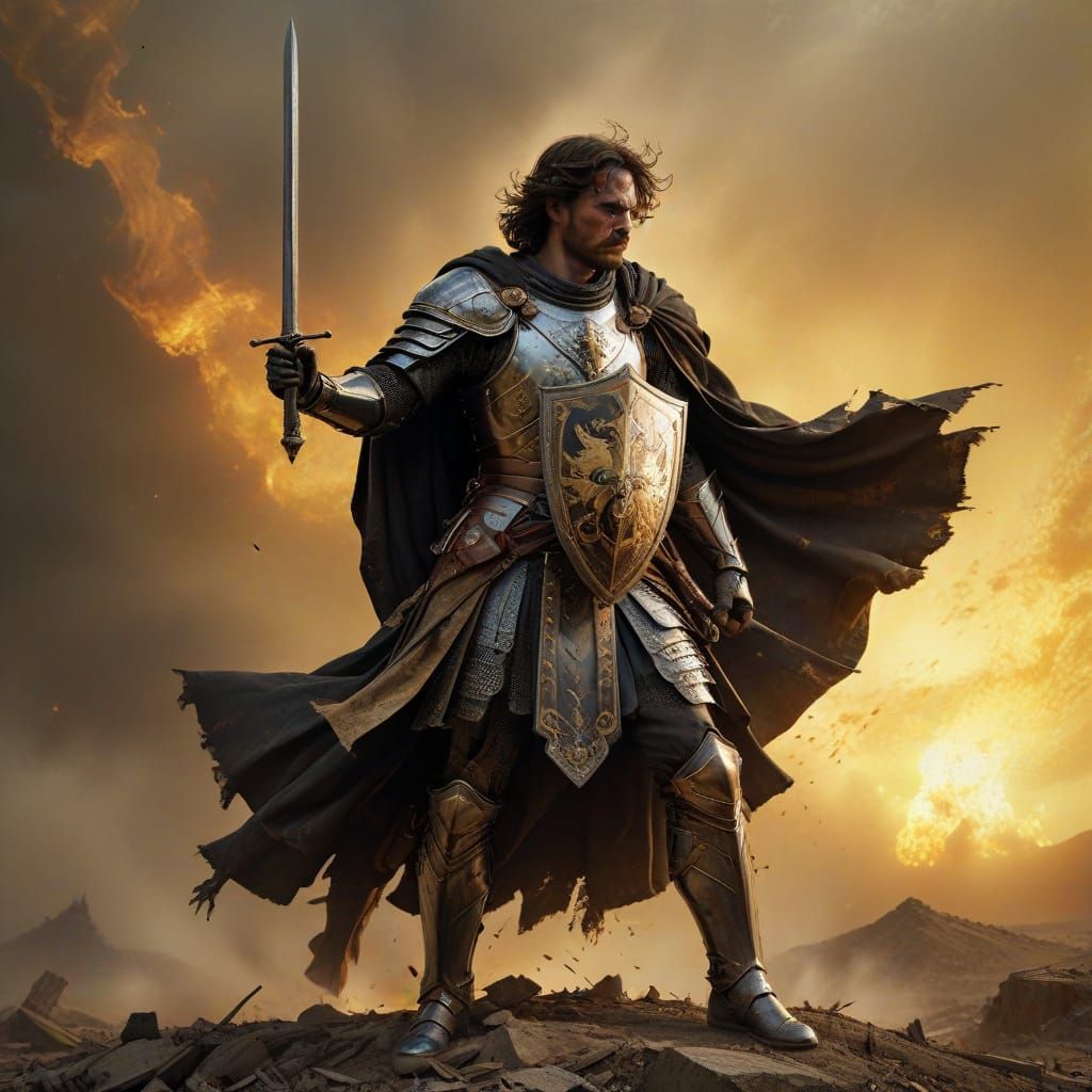 Heroic Medieval Knight with Bucephalus on Golden Background