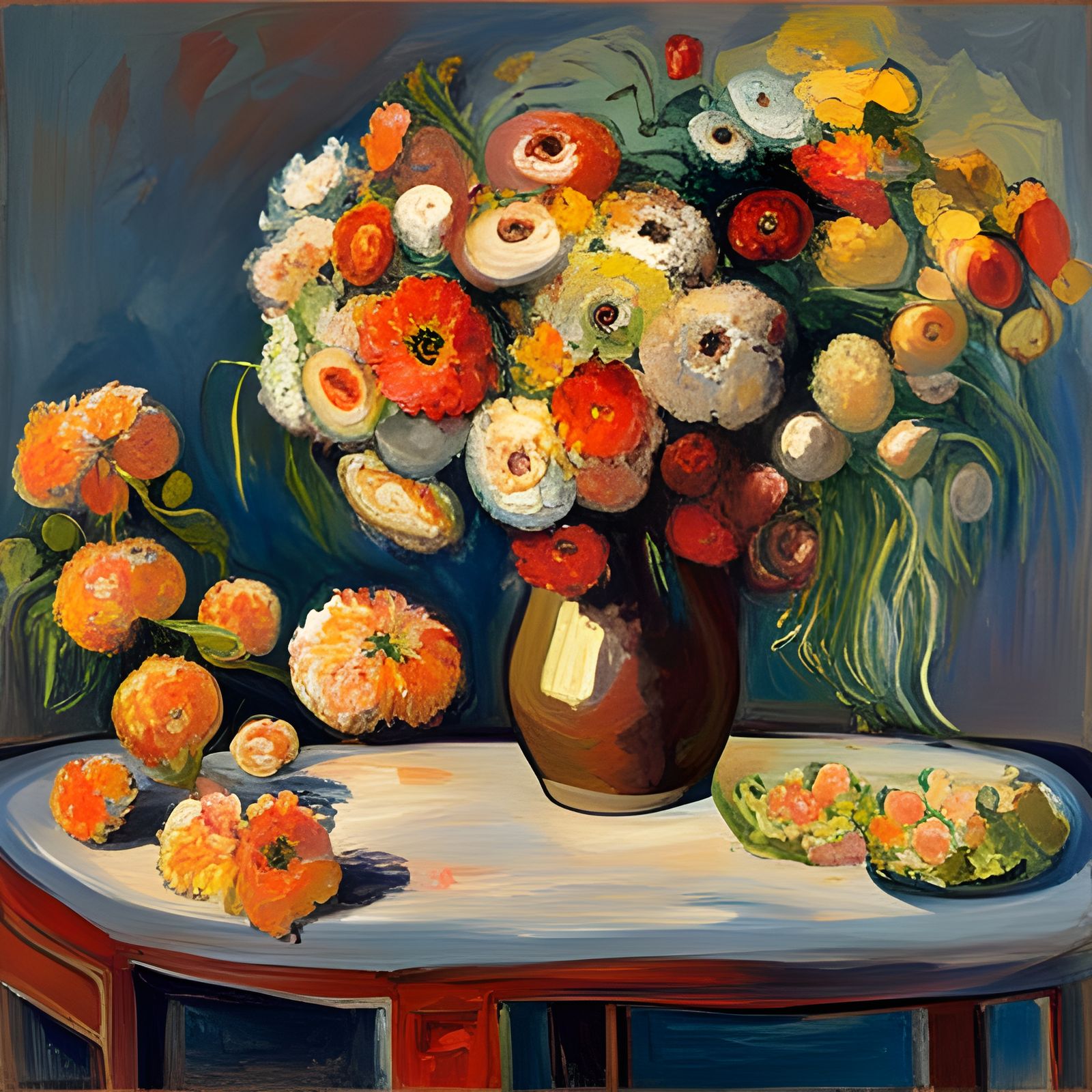 Colorful Floral Bouquet on Wooden Table as Oil Painting