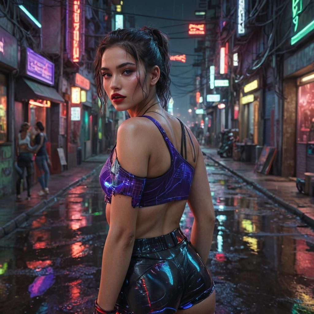 Brunette Girl in Neon Cityscape