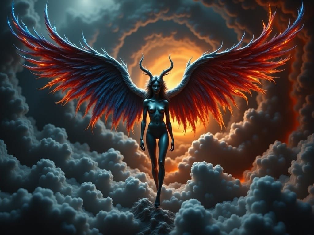 Surreal Figure Splits Heaven and Hell with Wings