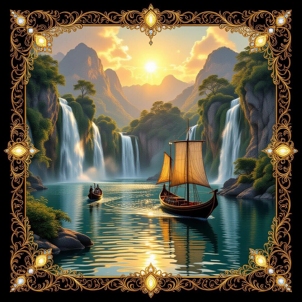 Golden Waterfalls and Ship: Ornate and Intricate View