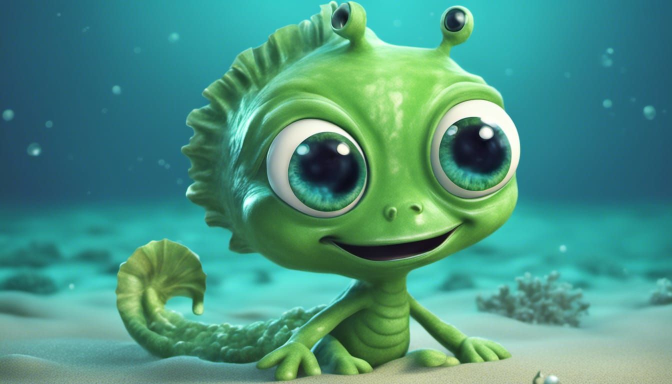 Happy Green Alien Fun on Blue Ocean Waves