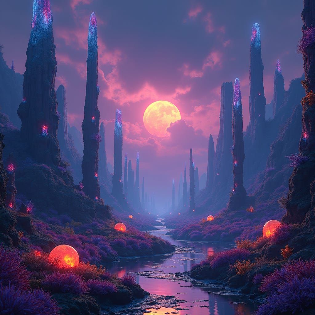 Mystical, High-Contrast Landscape with Eerie Flora and Cryst...