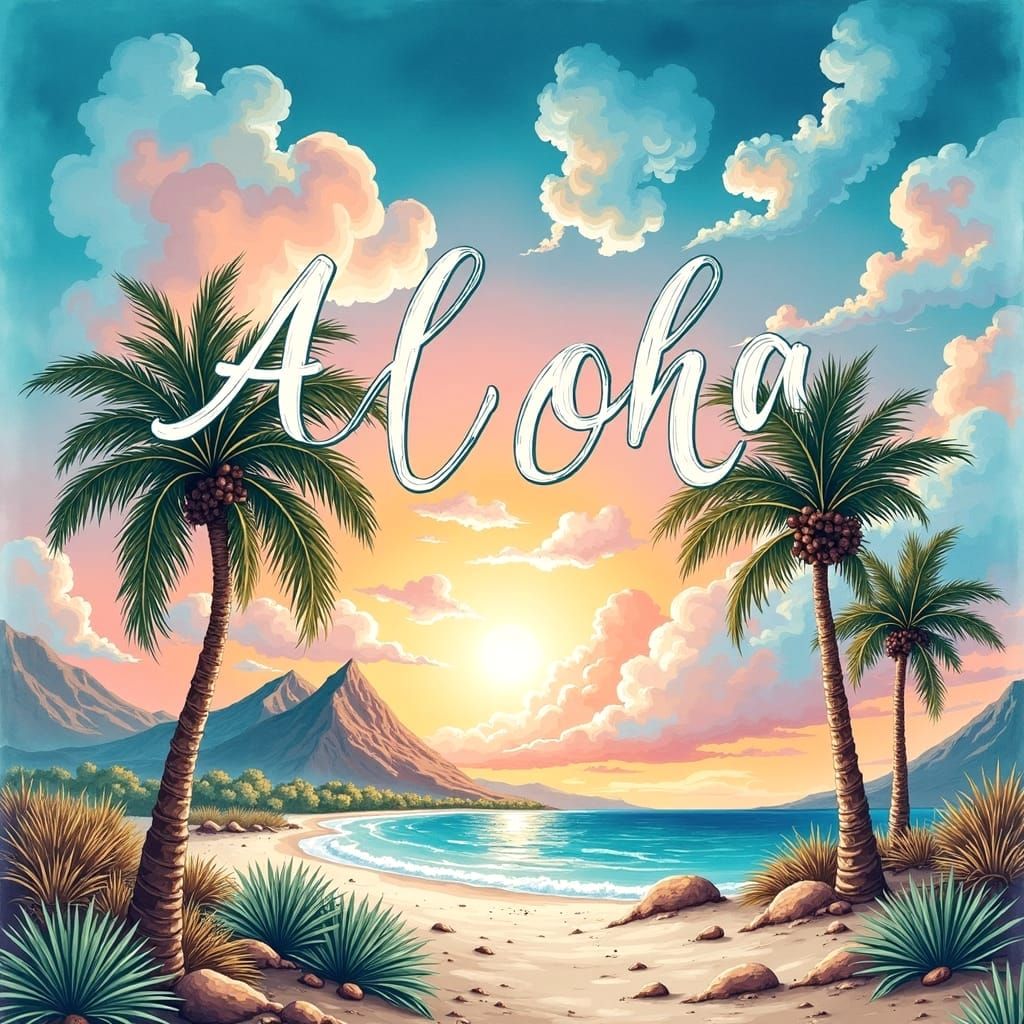 Retro Watercolor Postcard with Tropical Beach Scene