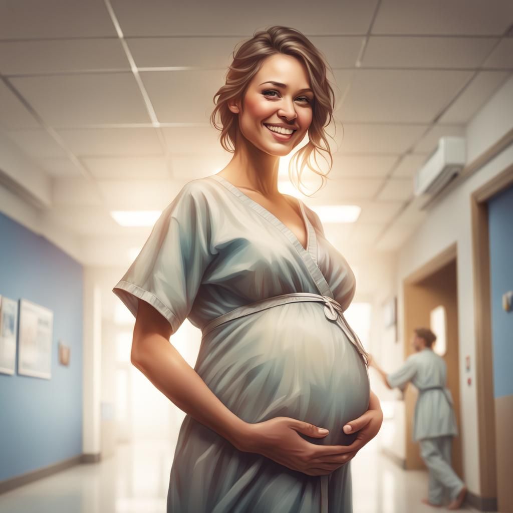 Excited Pregnant Woman in Delivery Room, Professional Photo